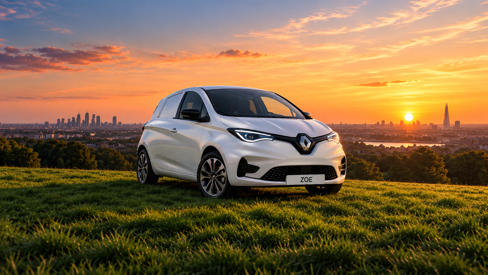 White Renault Zoe ZE50 electric car parked on a grass hill at sunset, with the London skyline in the distance